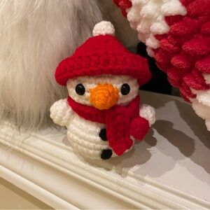 Crocheted Snowman with Red Hat and Scarf